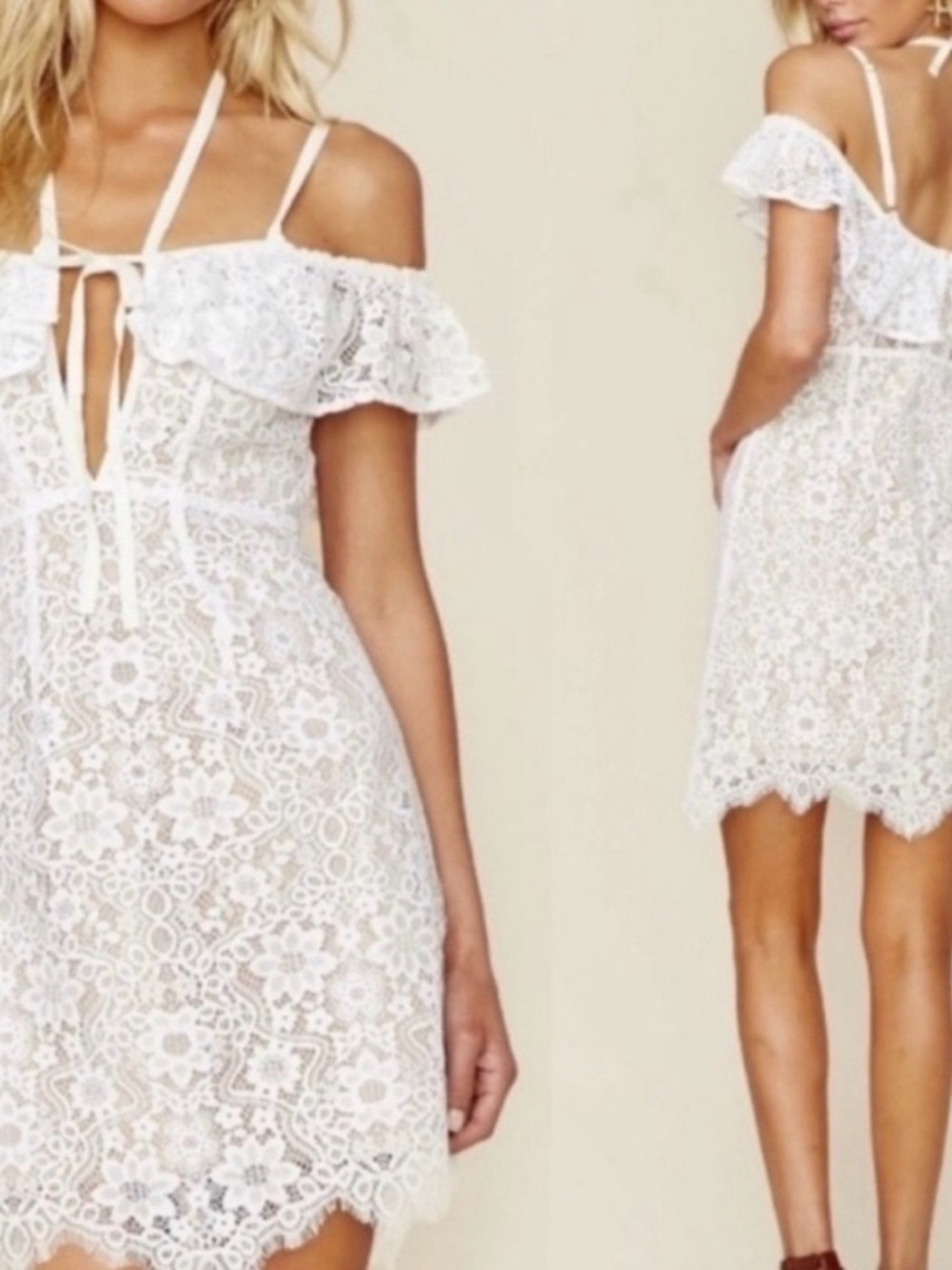 For Love & Lemons White Cold-Shoulder Lace Mini Dress Medium
